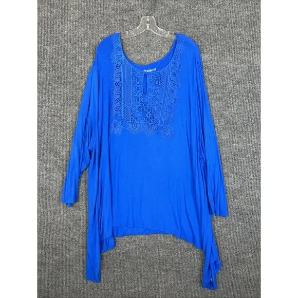 Roaman's Womens Tunic Blouse Size 5X Blue Crotchet Asymmetric Hem Bohemian - Picture 1 of 9
